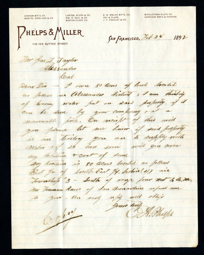 Letter to Jas T. Taylor from Phelps and Miller, 1892-02-24