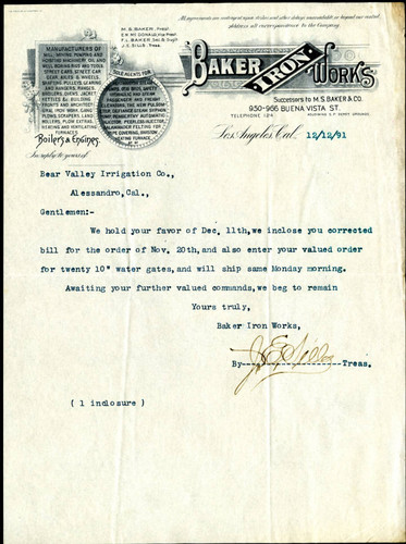 Letter from Baker Iron Works to the Bear Valley Irrigation Co., 1891-12-12