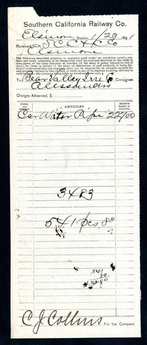 Receipt from the Southern California Railway Company, 1891-01-23