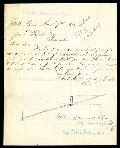 Letter to Jas T. Taylor from the California Marble & Building Stone Company, 1892-03-01