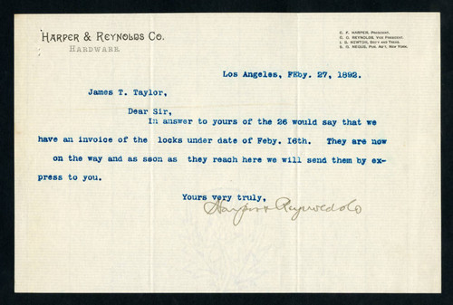 Letter to James T. Taylor from Harper & Reynolds Company Hardware, 1892-02-27