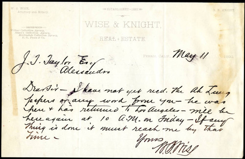 Letter from Wise & Knight to James T. Taylor, 1892-05-11