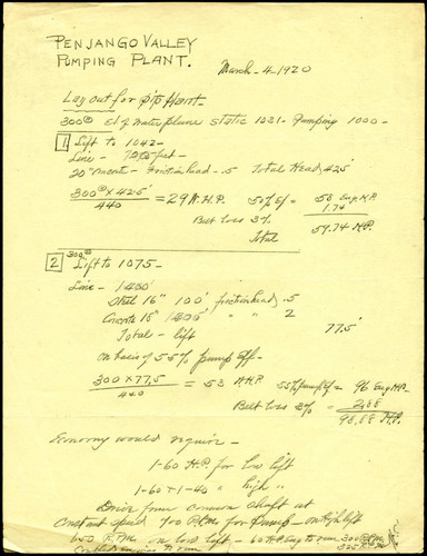 Penjango Valley pumping plant lay out, 1920-03-04