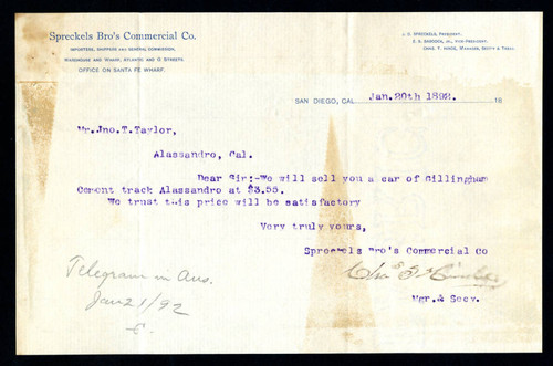 Letter to Jno. T. Taylor from the Spreckels Bro's Commercial Co., 1892-01-20