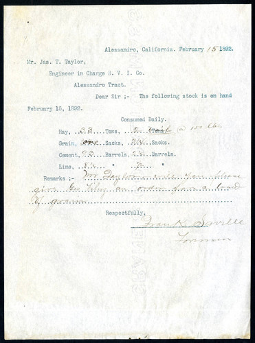 Note from Frank Saville to Jas. T. Taylor, 1892-02-15