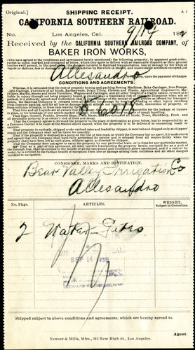 Receipt from the California Southern Railroad Co., 1892-09-14