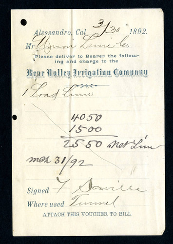 Voucher signed by F. Saville to Union Lime Company, 1892-03-30