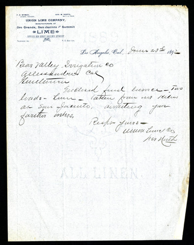 Letter to Jas T. Taylor from the Union Lime Company, 1892-06-28