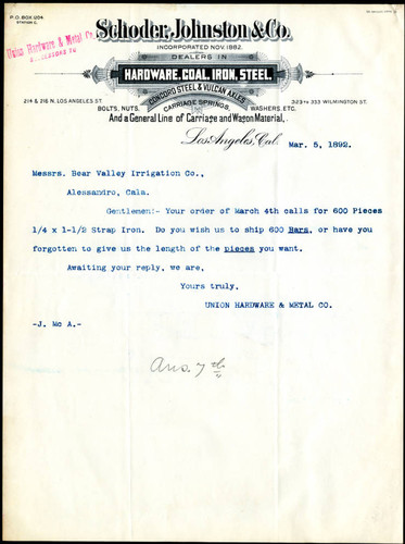 Letter from Union Hardware & Metal Co. to the Bear Valley Irrigation Co., 1892-03-05