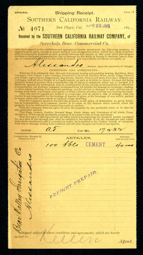 Shipping receipt from the Spreckels Bro's Commercial Co., 1892-04-23