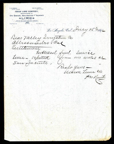 Letter to Jas T. Taylor from the Union Lime Company, 1892-07-25