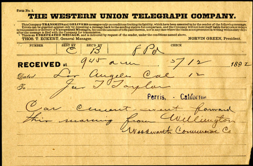 Telegraph from Woodworth Commercial Company to James T. Taylor, 1892-05-12