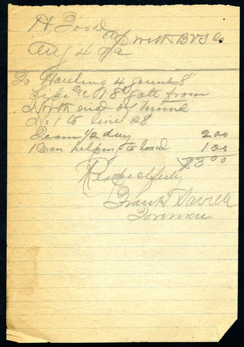 Note from F. Saville to Bear Valley Irrigation Company, 1892-08-04