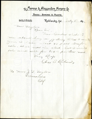 Letter from The Moreno & Alessandro Nursery Co. to James T. Taylor, 1892-07-05