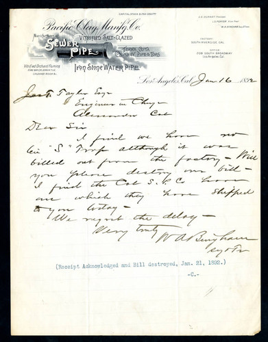 Letter to Jas T. Taylor from the Pacific Clay Manufacturing Co., 1892-01-16