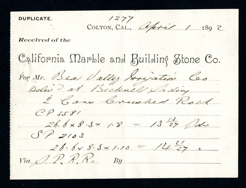 Receipt to the Bear Valley Irrigation Company, 1892-05-01