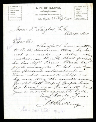 Letter to James T. Taylor from J. A. Shilling, 1892-05-22