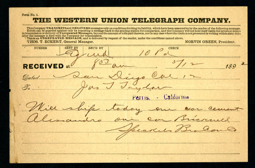 Receipt from the Western Union Telegraph Company, 1892-05-12