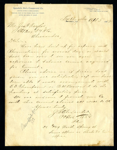 Letter to Jas T. Taylor from the Spreckles Bro's Commercial Co., 1892-04-05