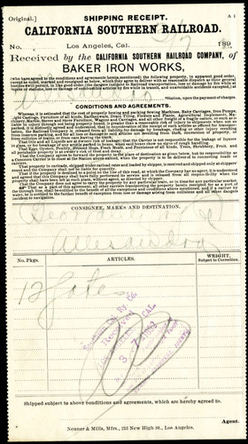 Receipt from the California Southern Railroad Co., 1892-03-07