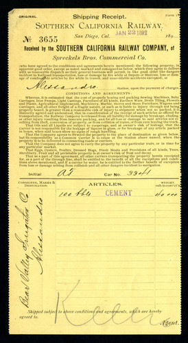 Shipping receipt from the Spreckels Bro's Commercial Co., 1892-01-22