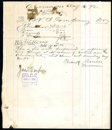 Note from F. Saville to Bear Valley Irrigation Company, 1892-08-16