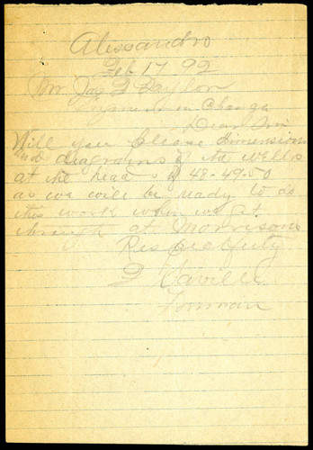 Note from F. Saville to Jas T. Taylor, 1892-02-17