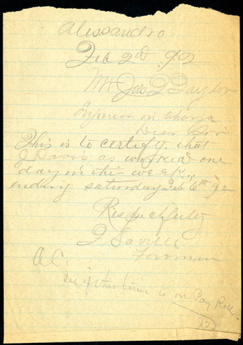 Note from F. Saville to Jas. T. Taylor, 1892-02-02