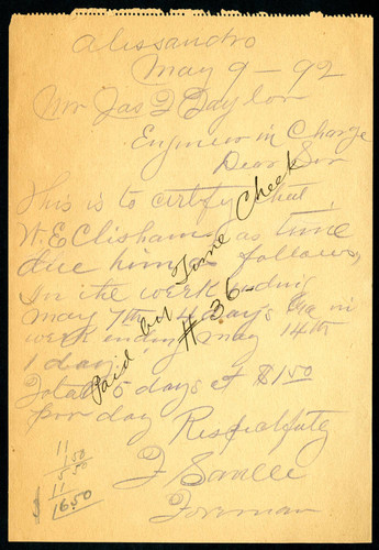 Note from F. Saville to Jas. T. Taylor, 1892-05-09