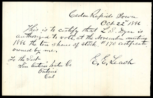 Letter to San Antonio Water Company from E. E. Leach, 1886-10-22