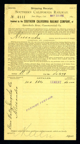 Shipping receipt from the Spreckels Bro's Commercial Co., 1892-05-12