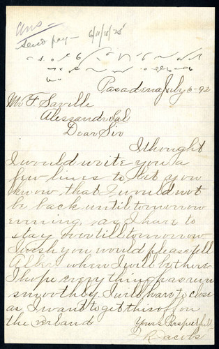 Letter from J. R. Jacobs to F. Saville, 1892-07-06