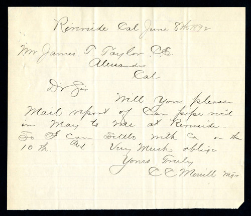 Letter to James T. Taylor from C.C. Merrill, 1892-06-08