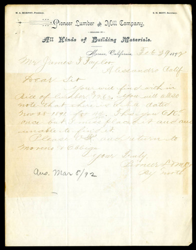 Letter from Pioneer Lumber and Mill Company to James T. Taylor, 1892-02-29