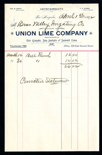 Accountant note from the Bear Valley Irrigation Company to the Union Lime Company, 1892-04-01