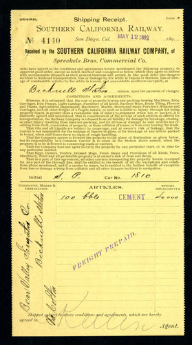 Shipping receipt from the Spreckels Bro's Commercial Co., 1892-05-12