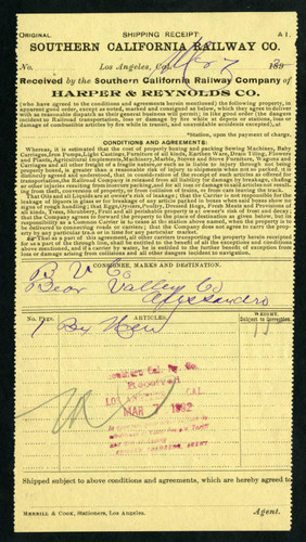 Shipping receipt from Southern California Railway Company, 1892-03-07