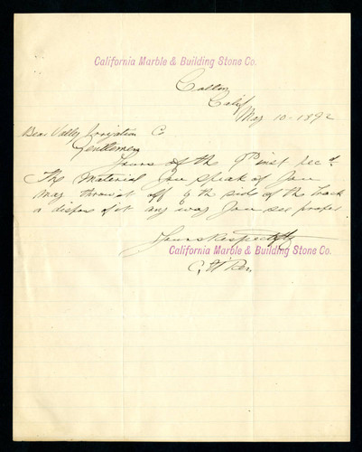 Letter to the Bear Valley Irrigation Company from the California Marble & Building Stone Company, 1892-05-10