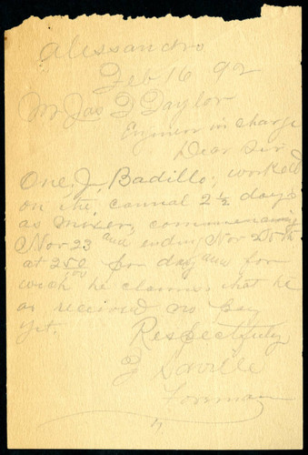 Note from F. Saville to Jas. T. Taylor, 1892-02-16