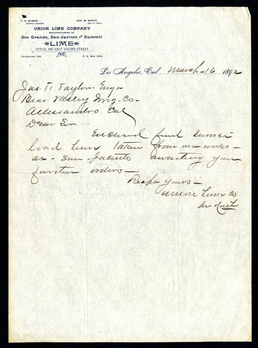 Letter to Jas T. Taylor from the Union Lime Company, 1892-03-16