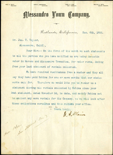 Letter from Walter A. Main to James T. Taylor, 1892-12-06