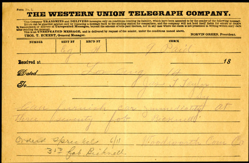 Telegraph from Woodworth Commercial Company to James T. Taylor