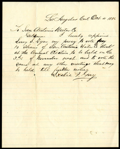 Letter to San Antonio Water Company from Leslie F. Gay, 1886-11-04