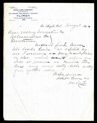 Letter to Jas T. Taylor from the Union Lime Company, 1892-08-10