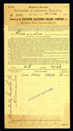 Shipping receipt from the Spreckels Bro's Commercial Co., 1892-03-08