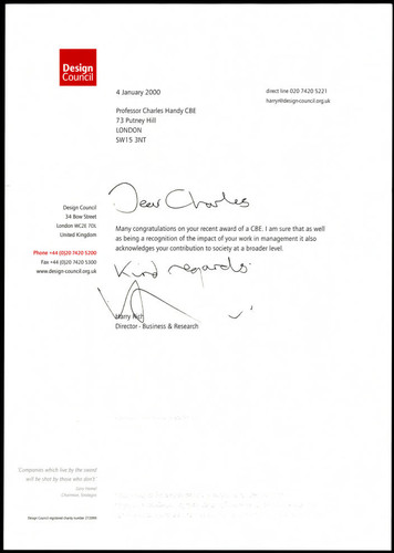 Correspondence from Harry Rich to Charles Handy on his C.B.E