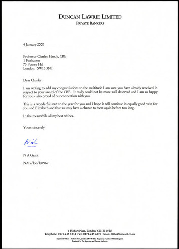 Letter to Charles Handy from N A Grant on Handy's C.B.E