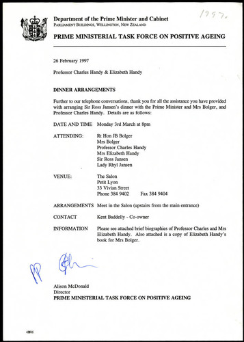 Dinner arrangements notification including the Handys