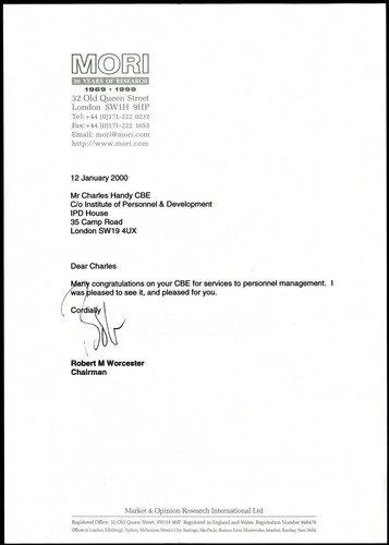 Letter of correspondence from Robert M Worcester to Charles Handy