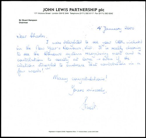 Letter of correspondence to Charles Handy from Sir Stuart Hampson